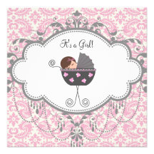 Pink Grey Damask Baby Girl Shower Invitations