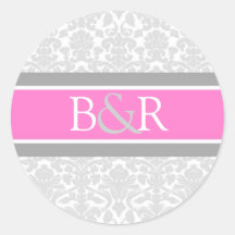 Pink Grey Damask Monogram Envelope Seal Stickers