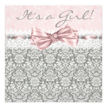 Pink Grey Damask Pink Grey Baby Girl Shower Custom Announcement