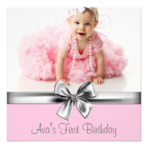 Pink Grey Girls Photo First Birthday Party Custom Invite