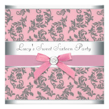 Pink Grey Swirl Damask Pink Sweet 16 Party Invitations