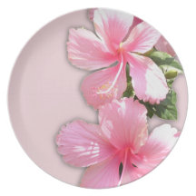 Pink Hawaiian Hibiscus Flowers on Pink Party Plates