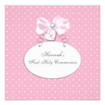 Pink Heart Cross Girls First Communion Custom Invites