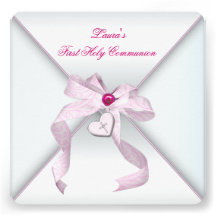 Pink Heart Cross Girls Pink First Communion Invitation