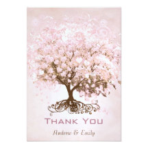 Pink Heart Leaf Tree Thank You Custom Invites