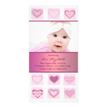 Pink Hearts Girl Photo Birth Announcement Photo Cards