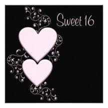 Pink Hearts Pink Black Sweet 16 Birthday Party Custom Announcement