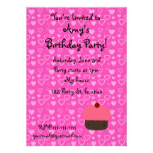 Pink hearts pink cupcake birthday invitations