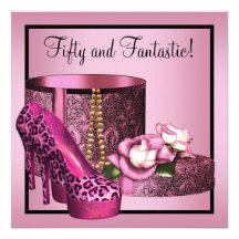 Pink High Heel Shoes Womans Leopard 50th Birthday Invitation