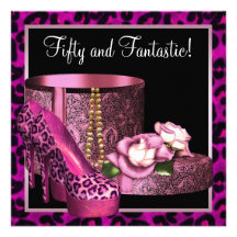 Pink High Heel Shoes Womans Leopard 50th Birthday Personalised Invitations