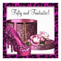 Pink High Heel Shoes Womans Leopard 50th Birthday Announcements