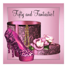 Pink High Heel Shoes Womans Leopard 50th Birthday Custom Announcements