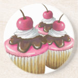 Pink Icing on Cupcakes: Cherry On Top: Art Beverage Coaster