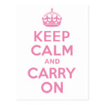 Pink Keep Calm And Carry On Post Card