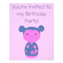 Pink Kokeshi Blue Birthday Party Invitation