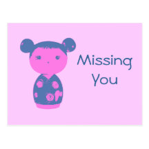 Pink Kokeshi Blue Postcard