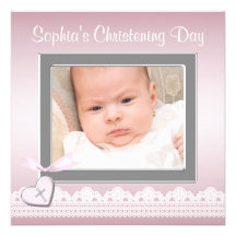 Pink Lace Baby Girl Photo  Christening Invitations