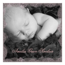 Pink Lace Black Vintage Photo Birth Announcement