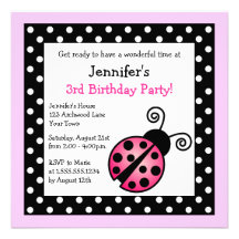 Pink Ladybug Birthday - Black and White Polka Dots Custom Invites