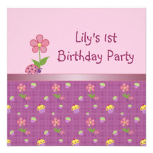 Pink Ladybug Girls 1st Birthday Party Personalised Invites