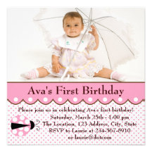 Pink Ladybug Girls Photo 1st Birthday Party Personalized Announcement