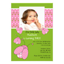 Pink ladybug Photo Birthday Invitation