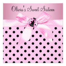 Pink Ladybug Sweet Sixteen Birthday Party Personalized Announcement