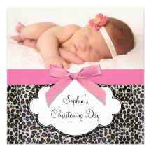 Pink Leopard Girl Photo Christening Personalised Invitations