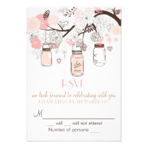 Pink Mason Jars and Love Birds RSVP Wedding Invite