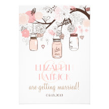 Pink Mason Jars and Love Birds Wedding Invitation