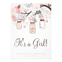 Pink Mason Jars & Lovebirds Baby Shower Invitation