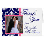 PINK Navy Damask Wedding PhotoThank You Greeting Card