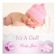 Pink New Baby Girl Photo Cute Shoes Bear Personalized Invite