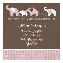 Pink on Brown Elephant Baby Shower Invitations