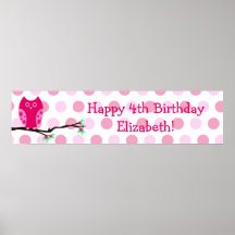 Pink Owl 4th Birthday Personalised Sign Print