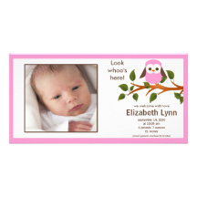 Pink Owl Baby Girl Birth Annoucement Photo Card