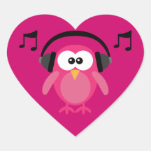 Pink Owl With Headphones & Musical Notes Stickers