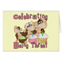 Pink Party Monkey 3rd Birthday Tshirts and Gifts Greeting Card