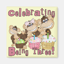 Pink Party Monkey 3rd Birthday Tshirts and Gifts Refrigerator Magnets