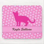 Pink pawprint pattern with silhouette cat mousepad