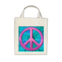 Pink Peace Sign Over Blue Abstract Explosion Canvas Bags