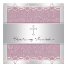 Pink Pearl Cross Baby Girl Baptism Christening Invites