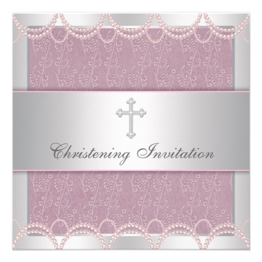 Pink Pearl Cross Baby Girl Baptism Christening Invites