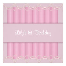 Pink Pearl Pinstripe Girls 1st Birthday Party Custom Announcements