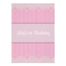 Pink Pearl Pinstripe Girls 1st Birthday Party Invitations