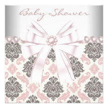 Pink Pearls Pink Brown Damask Baby Girl Shower Custom Invites
