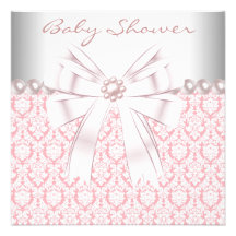 Pink Pearls Pink Damask Baby Girl Shower Personalised Invite