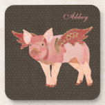 Pink Pigs Fly Polkadot Personalised Coaster