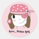 Pink Pirate Girl Round Stickers