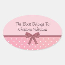 Pink Polka Dot Book Label Oval Sticker